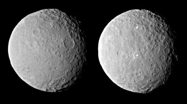 Two images of the dwarf planet Ceres that were taken by NASA's Dawn spacecraft from a distance of about 29,000 miles (46,000 kilometers), on February 19, 2015.