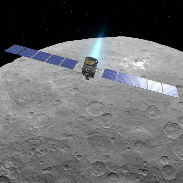 A composite image showing NASA's Dawn spacecraft orbiting the dwarf planet Ceres.