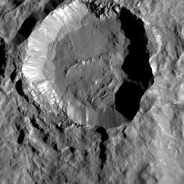 An image by NASA's Dawn spacecraft showing Kupalo Crater, one of the youngest craters on dwarf planet Ceres.