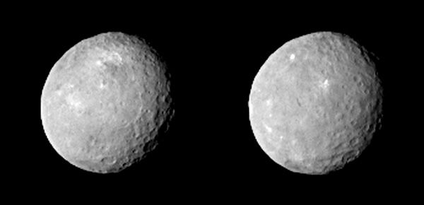 Two images of the dwarf planet Ceres that were taken by NASA's Dawn spacecraft from a distance of 52,000 miles (83,000 kilometers), on February 12, 2015.