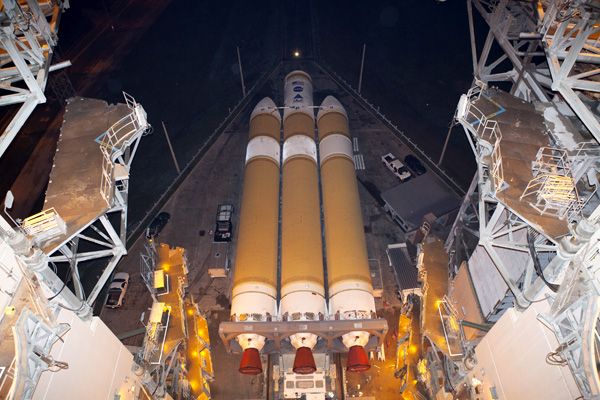 The Delta IV Heavy rocket that will be used on EFT-1 arrives at Space Launch Complex 37 at Cape Canaveral Air Force Station in Florida...on September 30, 2014. The Delta IV Heavy rocket that will be used on EFT-1 arrives at Space Launch Complex 37 at Cape Canaveral Air Force Station in Florida...on September 30, 2014.