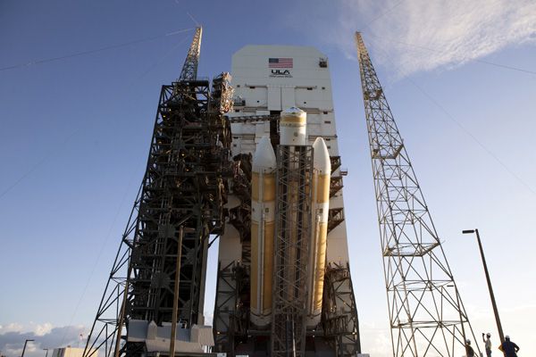 The Delta IV Heavy rocket that will be used on EFT-1 is lifted into vertical position at Space Launch Complex 37 at Cape Canaveral Air Force Station in Florida...on October 1, 2014. The Delta IV Heavy rocket that will be used on EFT-1 is lifted into vertical position at Space Launch Complex 37 at Cape Canaveral Air Force Station in Florida...on October 1, 2014.