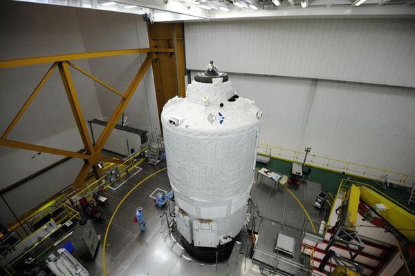The ATV-5 Georges Lemaître is placed on its Ariane 5 launch vehicle in the Final Assembly Building at Europe’s Spaceport in Kourou, French Guiana...on July 11, 2014. The ATV-5 Georges Lemaître is placed on its Ariane 5 launch vehicle in the Final Assembly Building at Europe’s Spaceport in Kourou, French Guiana...on July 11, 2014.