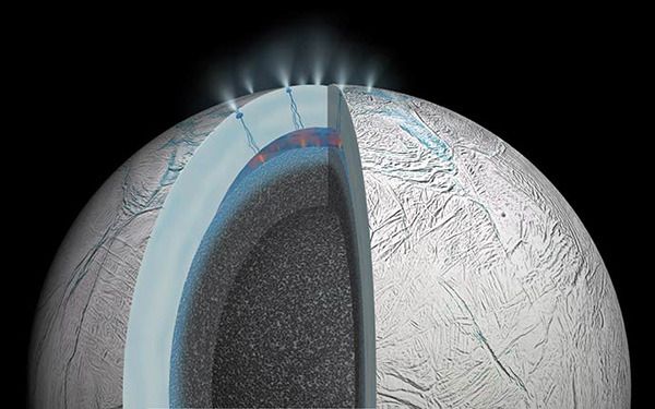 An artist's concept of water plumes being emitted from the surface of Saturn's moon Enceladus.