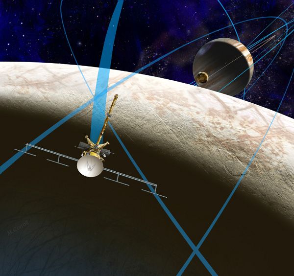 An artist's concept showing NASA's proposed Europa Clipper spacecraft flying above Jupiter's moon Europa and analyzing it.