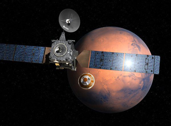 An artist's concept of Europe's Trace Gas Orbiter releasing the Schiaparelli demonstrator module towards Mars.
