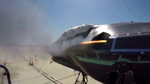 A video screenshot showing an F-35A Lightning II aircraft firing its 25mm Gatling gun during a weapons test at Edwards Air Force Base in California...on August 14, 2015.