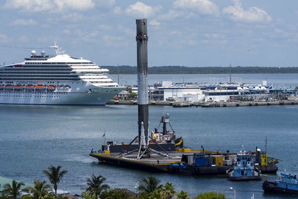 The drone ship carrying the Falcon 9 booster that launched the THAICOM 8 telecommunications satellite to geosynchronous orbit on May 27 arrives at Port Canaveral in Florida...on June 2, 2016. The drone ship carrying the Falcon 9 booster that launched the THAICOM 8 telecommunications satellite to geosynchronous orbit on May 27 arrives at Port Canaveral in Florida...on June 2, 2016.