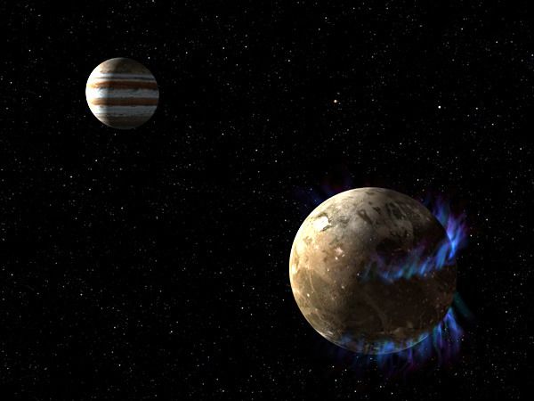 An artist's concept of aurorae being generated by Jupiter's moon Ganymede...which, like Europa, may harbor a large subsurface water ocean.