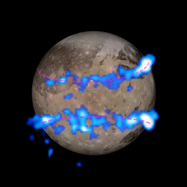 A composite image of aurorae being generated by Jupiter's moon Ganymede...which, like Europa, may harbor a large subsurface water ocean.
