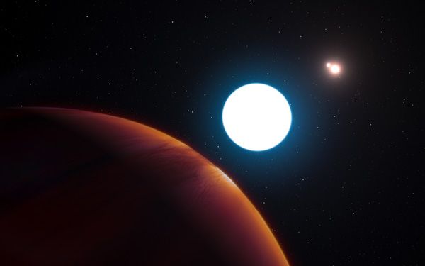 An artist's concept of the exoplanet HD 131399Ab (foreground) orbiting among the three stars in its system.