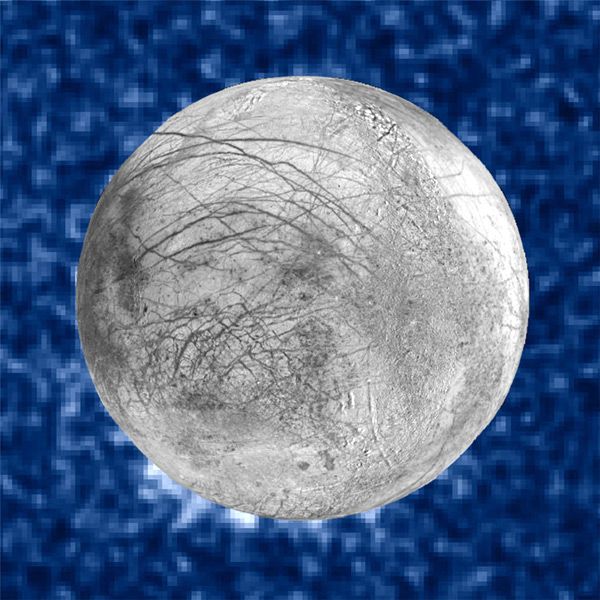 A composite image combining data from the Hubble Space Telescope with a photo of Jupiter's moon Europa.