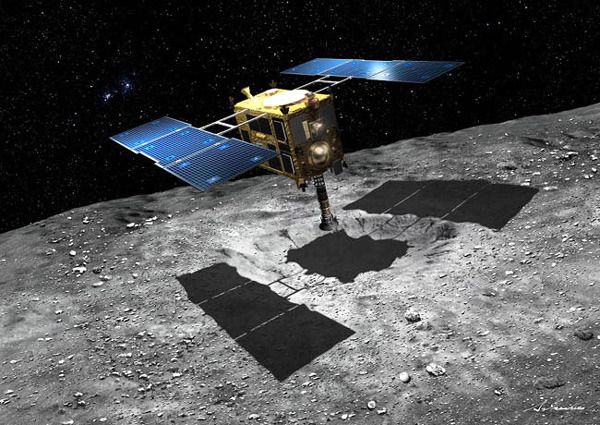An artist's concept of the Hayabusa 2 spacecraft obtaining soil samples from the surface of asteroid Ryugu.