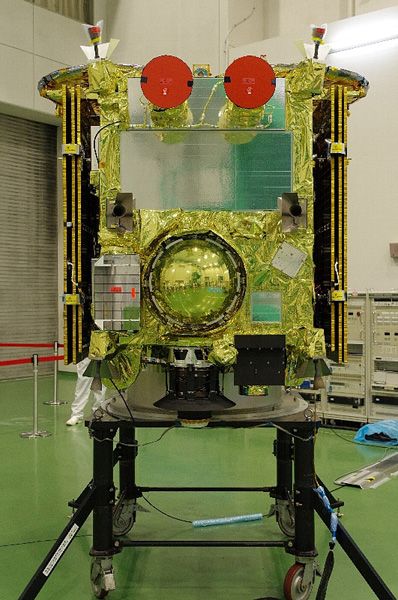 JAXA's asteroid-bound Hayabusa 2 spacecraft is unveiled during a special event at the Samagihara spacecraft assembly facility in Japan, on August 31, 2014.