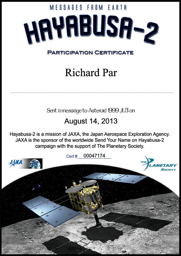My participation certificate for the Hayabusa2 mission.