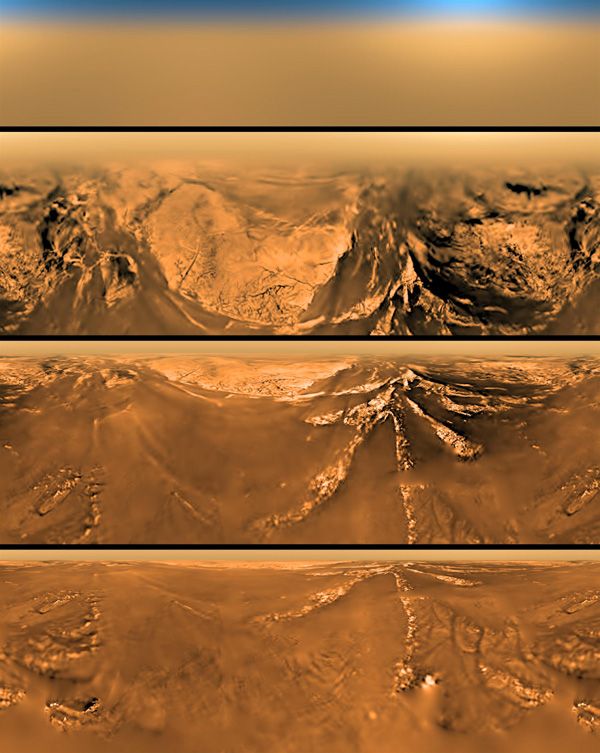 Images taken by the European Space Agency's Huygens probe as it was about to touch down on the surface of Titan, one of Saturn's moons, on January 14, 2005.