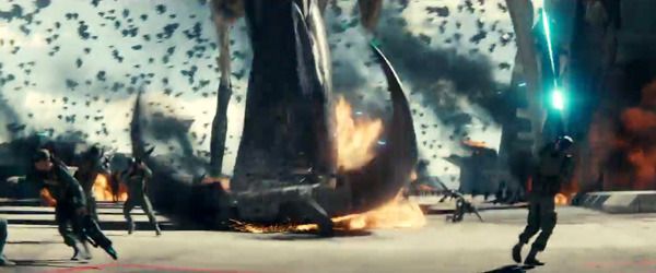 As human soldiers shoot at it in desperation, a giant alien creature steps on a Humvee and crushes it in INDEPENDENCE DAY: RESURGENCE. As human soldiers shoot at it in desperation, a giant alien creature steps on a Humvee and crushes it in INDEPENDENCE DAY: RESURGENCE.