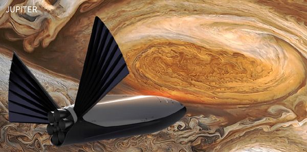 An artist's concept of the ITS spacecraft orbiting Jupiter. An artist's concept of the ITS spacecraft orbiting Jupiter.