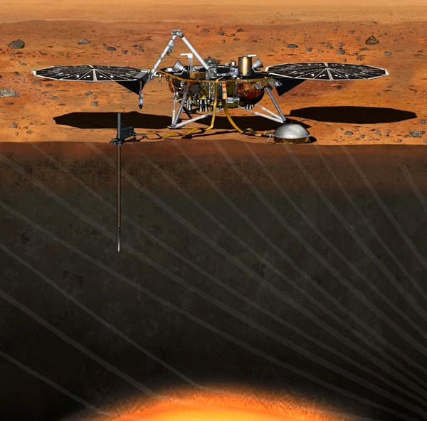 An artist's concept of the InSight lander on the surface of Mars.