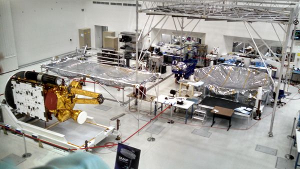 Scheduled to launch in January of 2015, the Soil Moisture Active Passive satellite is displayed inside the Spacecraft Assembly Facility at NASA's Jet Propulsion Laboratory near Pasadena, CA...on October 12, 2014.