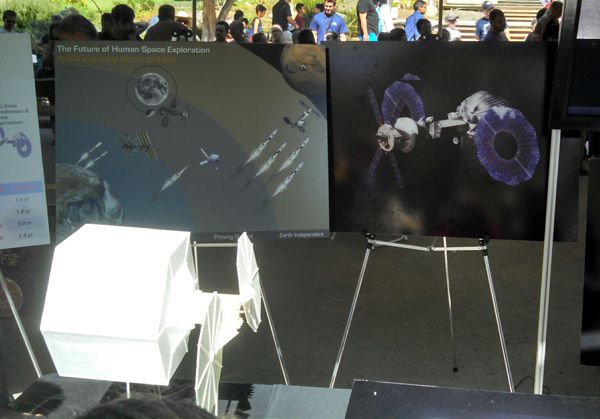 A model of NASA's Asteroid Redirect Mission spacecraft is displayed at NASA's Jet Propulsion Laboratory near Pasadena, CA...on October 12, 2014.