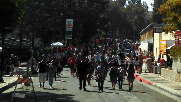 A huge crowd of people mill about during the Open House at NASA's Jet Propulsion Laboratory near Pasadena, CA...on October 12, 2014.