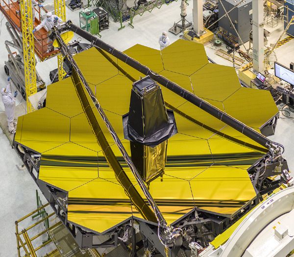 At NASA's Goddard Space Flight Center in Greenbelt, Maryland, the secondary mirror on the James Webb Space Telescope is stowed into the position that it will be in during launch.