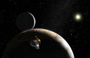An artist's concept of NASA's New Horizons spacecraft venturing past Pluto and its main moon Charon.