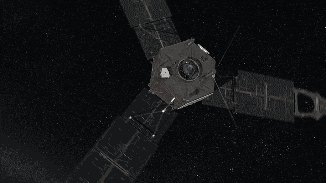 An animated GIF showing NASA's Juno spacecraft firing its thrusters in deep space.