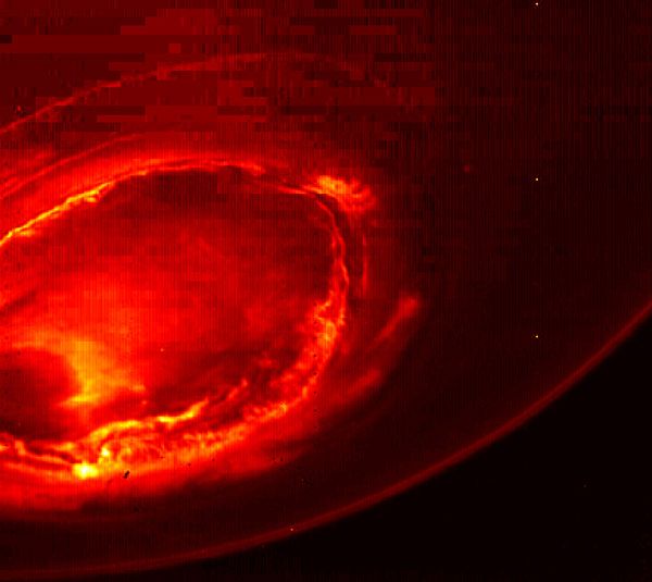 An infrared image of Jupiter's southern aurora as seen by NASA's Juno spacecraft on August 27, 2016.