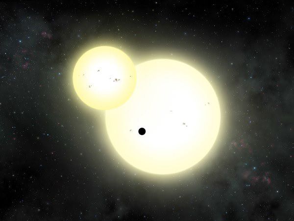 An artist's concept of the exoplanet Kepler-1647b orbiting its two suns.