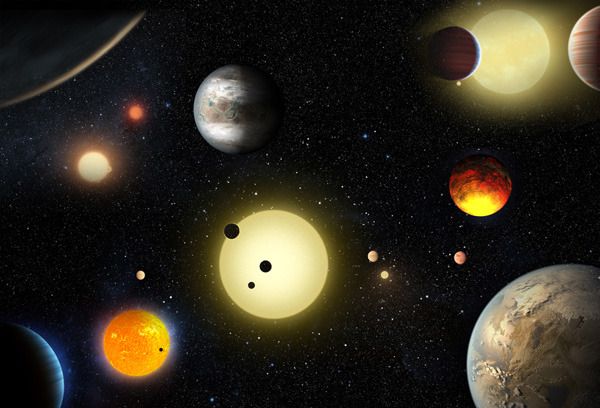 An artist's concept of select exoplanets that were discovered by NASA's Kepler spacecraft as of May 2016.