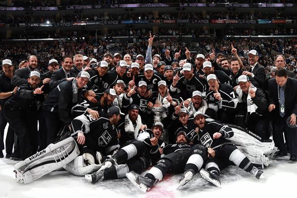 The Los Angeles Kings pose for a group photo after defeating the New York Rangers, 3-2, in Game 5 of the Stanley Cup Finals at STAPLES Center...on June 13, 2014.