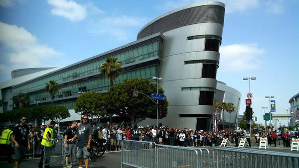 Crowds gather outside of STAPLES Center in preparation for the Los Angeles Kings' Stanley Cup championship parade...on June 16, 2014.