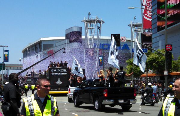 Confetti shoots up into the air...marking the end of the Los Angeles Kings' championship parade at STAPLES Center on June 16, 2014.