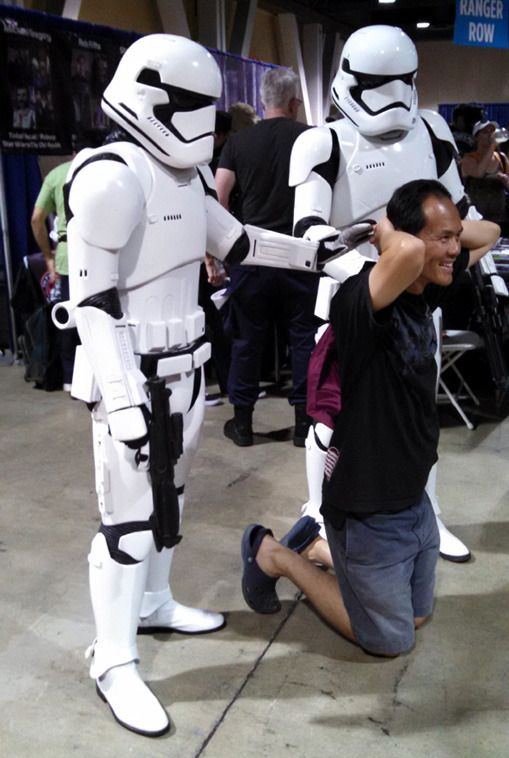If it's anything like the spoilers I read for STAR WARS: THE FORCE AWAKENS, this dude will be taken by the Stormtroopers to Kylo Ren for interrogation...at Long Beach Comic Con on September 12, 2015.