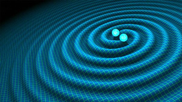 An illustration depicting gravitational waves being emitted by two binary neutron stars.