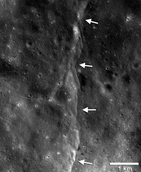 A Lunar Reconnaissance Orbiter image of 'lobate scarps' that formed when crustal materials pushed together, breaking and thrusting upward along a fault to form a cliff. Cooling of the still hot lunar interior is causing the Moon to shrink..causing these scarps.