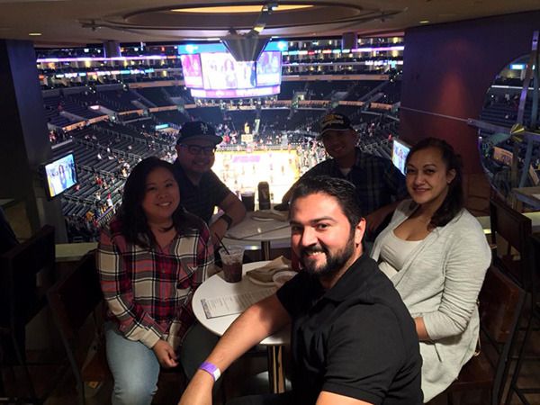 Taking a group pic with my friends Sarina, Carlo, Albert and Usha inside The Centurion Suite at STAPLES Center...on January 28, 2016.
