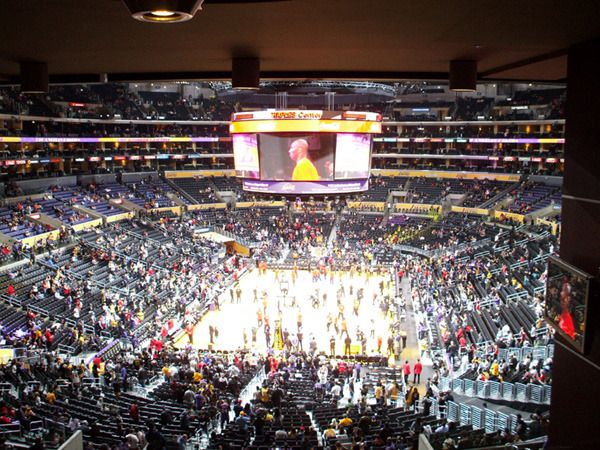 Kobe Bryant (seen on the Jumbotron) practices before the game between the L.A. Lakers and Chicago Bulls at STAPLES Center...on January 28, 2016.