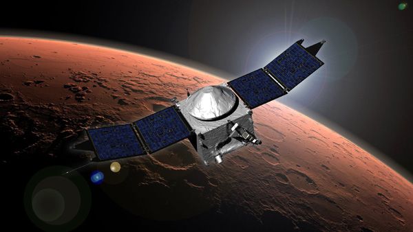 A composite image showing NASA's MAVEN spacecraft in orbit around Mars.
