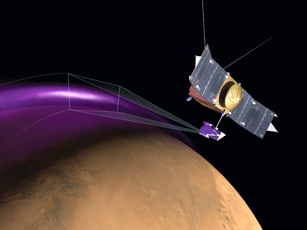 An illustration depicting NASA's MAVEN spacecraft using its Imaging UltraViolet Spectrograph (IUVS) to study an aurora above Mars.