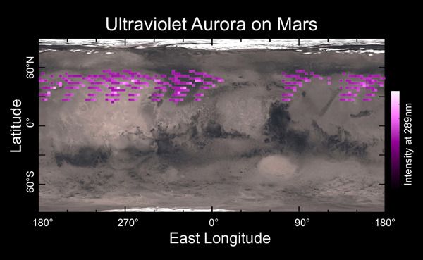 A map of auroral detections, made by MAVEN's IUVS instrument in December of 2014, overlaid on Mars’ surface.