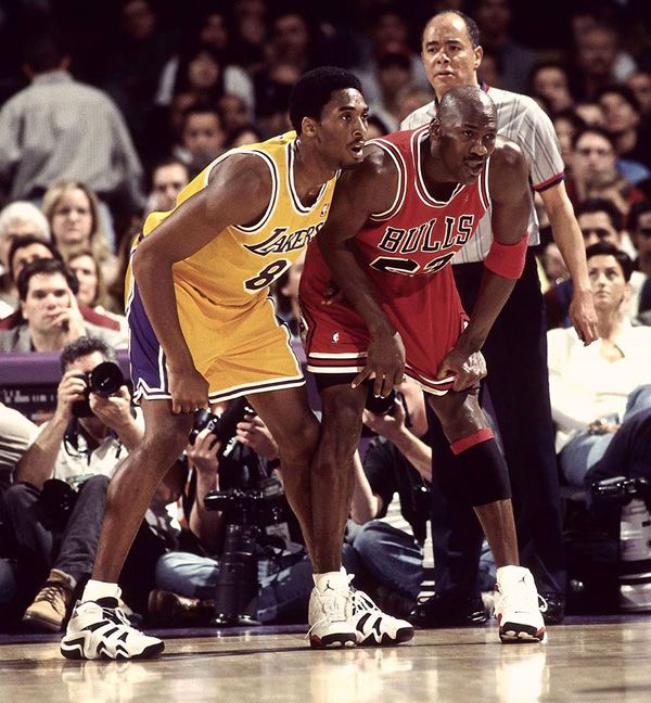The Black Mamba and Air Jordan defend against each other during a Lakers game in Kobe's early years.