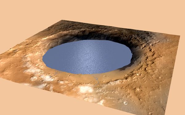 An illustration depicting a lake of water that partially filled Gale Crater, where NASA's Curiosity rover now resides, on Mars.