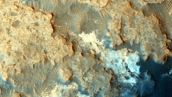 An image of NASA's Curiosity Mars rover (denoted by the blue box) in the middle of 'Pahrump Hills' at Mount Sharp...as seen by the Mars Reconnaissance Orbiter circling high above the Red Planet on December 13, 2014.