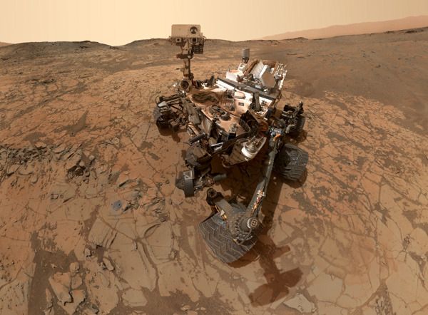 A cropped version of the Curiosity Mars rover's self-portrait, taken with a camera on her robotic arm in late January of 2015.