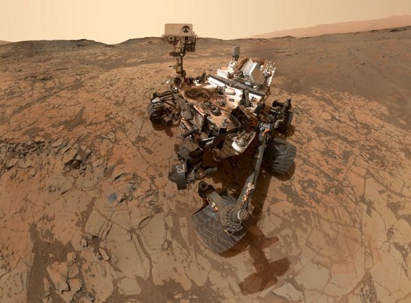 A self-portrait of NASA's Curiosity Mars rover, taken with a camera on her robotic arm in late January of 2015.