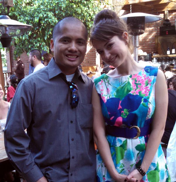 Posing with Milana Vayntrub before a comedy-charity event that she hosted at the Cowboys & Turbans restaurant in Silver Lake, CA...on April 26, 2015.