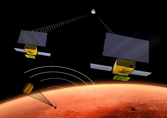 An artist's concept of the MarCO Cubesats relaying data to Earth while the InSight lander approaches the surface of Mars.